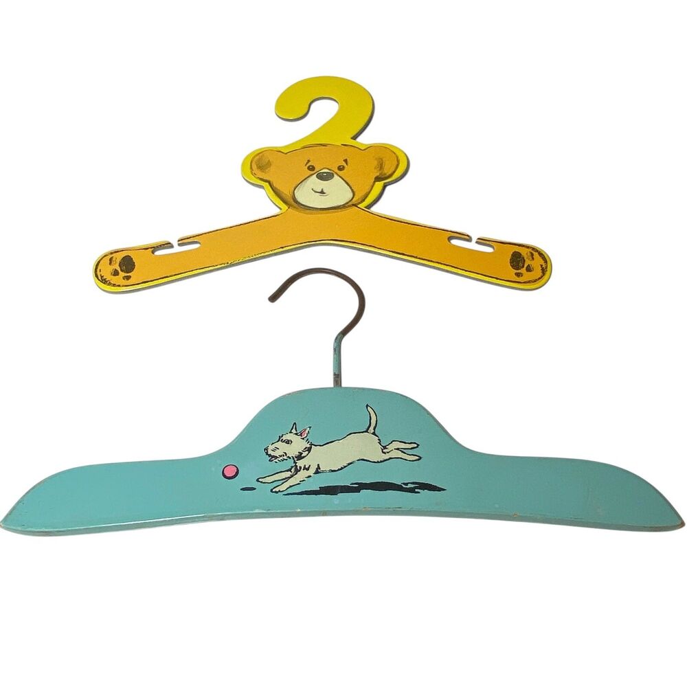 VTG 1930's Wooden Baby Clothes Hanger Blue Dog Ball’s Home Decor + Bonus Hanger